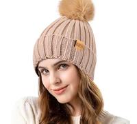 REDESS Womens Winter Knitted Beanie Hat Warm Fleece Lined with Pompom Cap Thick Slouchy Snow Knit Skull Ski Cap ，Beige ，Taille Unique