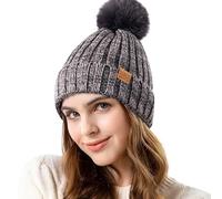 REDESS Womens Winter Knitted Beanie Hat Warm Fleece Lined with Pompom Cap Thick Slouchy Snow Knit Skull Ski Cap ，Gris foncé et Clair ，Taille Unique