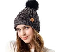 REDESS Womens Winter Knitted Beanie Hat Warm Fleece Lined with Pompom Cap Thick Slouchy Snow Knit Skull Ski Cap ，Noir et Gris ，Taille Unique