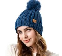 REDESS Womens Winter Knitted Beanie Hat Warm Fleece Lined with Pompom Cap Thick Slouchy Snow Knit Skull Ski Cap ，Bleu Paon ，Taille Unique