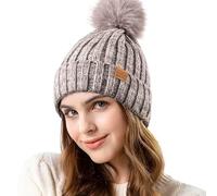 REDESS Womens Winter Knitted Beanie Hat Warm Fleece Lined with Pompom Cap Thick Slouchy Snow Knit Skull Ski Cap ，Gris Clair et Blanc ，Taille Unique