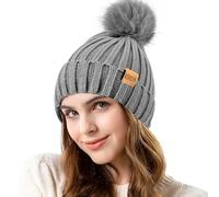 REDESS Womens Winter Knitted Beanie Hat Warm Fleece Lined with Pompom Cap Thick Slouchy Snow Knit Skull Ski Cap ，Gris Clair ，Taille Unique