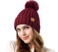 REDESS Womens Winter Knitted Beanie Hat Warm Fleece Lined with Pompom Cap Thick Slouchy Snow Knit Skull Ski Cap ，Rouge vin ，Taille Unique