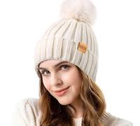 REDESS Womens Winter Knitted Beanie Hat Warm Fleece Lined with Pompom Cap Thick Slouchy Snow Knit Skull Ski Cap ，Blanc ，Taille Unique