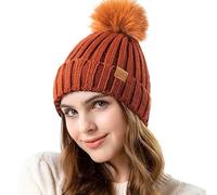 REDESS Womens Winter Knitted Beanie Hat Warm Fleece Lined with Pompom Cap Thick Slouchy Snow Knit Skull Ski Cap ，Marron ，Taille Unique