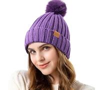 REDESS Womens Winter Knitted Beanie Hat Warm Fleece Lined with Pompom Cap Thick Slouchy Snow Knit Skull Ski Cap ，Violet ，Taille Unique