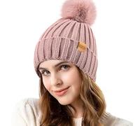 REDESS Womens Winter Knitted Beanie Hat Warm Fleece Lined with Pompom Cap Thick Slouchy Snow Knit Skull Ski Cap ， Rose foncé，Taille Unique