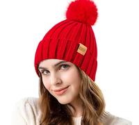 REDESS Womens Winter Knitted Beanie Hat Warm Fleece Lined with Pompom Cap Thick Slouchy Snow Knit Skull Ski Cap ，Rouge ，Taille Unique