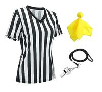 redgino Maillot d'arbitre officiel à rayures noires et blanches pour femme en jersey à manches courtes, sifflet, carte jaune de pénalité Taille XL