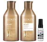 Redken All Soft Shampoo 300ml, Conditioner 300ml, and One United Mini 30ml