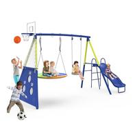 Redkid Ensemble balançoire de jardin avec toboggan, capacité 200 kg, 5 en 1 pour extérieur, avec plateau, balançoire, siège balançoire, buts de football et panier de basket, ensemble de jeu pour