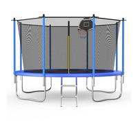 Redkid, Trampoline d'extérieur Ø 305/366 cm, trampoline pour enfant, trampoline de jardin avec filet de sécurité, échelle, planche de panier de basket, charge maximale : 366 cm, bleu