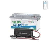Redodo 12V 140Ah H190 LiFePO4 Batterie + Chargeur 14,6V 20A Durée de Vie 10 Ans BMS 150A Surveillance Bluetooth pour Camping-Cars Installations Solaires Bateaux Installations Solaires et Hors Réseau