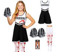 REDSTAR Déguisement Fille Pompom Girl Zombie Enfant - Robe cheerleader avec pompons, collants ensanglantés et tube de faux sang, costume enfant halloween, carnaval, anniversaire, cosplay