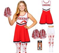 REDSTAR Déguisement Fille Pompom Girl Zombie Enfant - Robe cheerleader avec pompons, collants ensanglantés et tube de faux sang, costume enfant halloween, carnaval, anniversaire, cosplay
