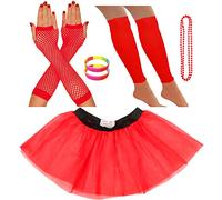 Redstar Fancy Dress Ensemble Bracelet fluo Tutu Jambières Gants en résille Collier de perles - Rouge - Taille unique