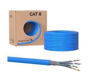 RedStar24 Câble Ethernet CAT 8 50m Bleu - Câble de Réseau CAT8.1 - Câble d'installation LAN sans halogène S/FTP, Transmission jusqu'à 40 Gbit/s, 2000MHz, Câblage de données, Cuivre solide, AWG22