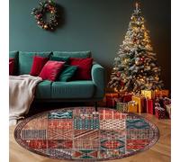 REDTAPISE Tapis Rond Lavable Multicolore 160 cm, Deco Salon Fauteuil Pouf, Chambre Adulte Commode, coloré Géométrique Vintage Rouge Vert Rug pour Décoration Noël Interieur Maison