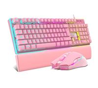 RedThunder K10 Ensemble Clavier de Jeu Filaire et Souris et Repose-Poignet, rétroéclairé RVB, Clavier Anti-ghosting + Souris 7D 7200 DPI + Repose-Poignet en Cuir Souple 3 en 1 (Rose)
