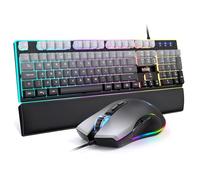 RedThunder K10 Ensemble clavier et souris de jeu filaires, disposition britannique, rétroéclairage RVB, repose-poignet en cuir souple, clavier ergonomique anti-ghosting + souris 7D 7200 DPI pour PC