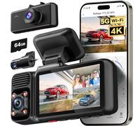 REDTIGER 4K 3 Canaux Dashcam Voiture 5G WiFi avec Carte de 64 Go GPS Intégré, 2160P+1080P+1080P Avant, Arrière et Intérieur, Triple avec écran de 3 Pouces, Vision Nocturne IR, Mode de Stationnement