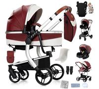 Reenborn Cuir PU Poussette 3 en 1, Poussette Bebe avec Réversible Deux Façons de Pousser, Pousette 3 in 1 avec Conception Pliable en Un Clic, Pousette Trio Cadre Aluminium Haute Paysage (L518 Red)