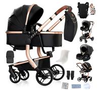 Reenborn Cuir PU Poussette 3 en 1, Poussette Bebe avec Réversible Deux Façons de Pousser, Pousette 3 in 1 avec Conception Pliable en Un Clic, Pousette Trio Cadre Aluminium Haute Paysage (L518 Black)
