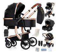 Reenborn Cuir PU Poussette 3 en 1, Poussette Bebe avec Réversible Deux Façons de Pousser, Pousette 3 in 1 avec Conception Pliable en Un Clic, Pousette Trio Cadre Aluminium Haute Paysage (B518 Black)