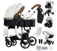 Reenborn Cuir PU Poussette 3 en 1, Poussette Bebe avec Réversible Deux Façons de Pousser, Pousette 3 in 1 avec Conception Pliable en Un Clic, Pousette Trio Cadre Aluminium Haute Paysage (B518 White)