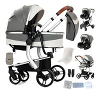 Reenborn Cuir PU Poussette 3 en 1, Poussette Bebe avec Réversible Deux Façons de Pousser, Pousette 3 in 1 avec Conception Pliable en Un Clic, Pousette Trio Cadre Aluminium Haute Paysage (B518 Grey)