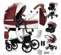Reenborn Cuir PU Poussette 3 en 1, Poussette Bebe avec Réversible Deux Façons de Pousser, Pousette 3 in 1 avec Conception Pliable en Un Clic, Pousette Trio Cadre Aluminium Haute Paysage (B518 Red)