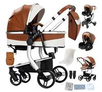 Reenborn Cuir PU Poussette 3 en 1, Poussette Bebe avec Réversible Deux Façons de Pousser, Pousette 3 in 1 avec Conception Pliable en Un Clic, Pousette Trio Cadre Aluminium Haute Paysage (B518 Khaki)
