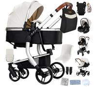 Reenborn Cuir PU Poussette 3 en 1, Poussette Bebe avec Réversible Deux Façons de Pousser, Pousette 3 in 1 avec Conception Pliable en Un Clic, Pousette Trio Cadre Aluminium Haute Paysage (L518 White)