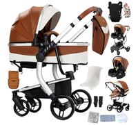Reenborn Cuir PU Poussette 3 en 1, Poussette Bebe avec Réversible Deux Façons de Pousser, Pousette 3 in 1 avec Conception Pliable en Un Clic, Pousette Trio Cadre Aluminium Haute Paysage (L518 Khaki)