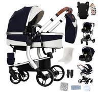 Reenborn Cuir PU Poussette 3 en 1, Poussette Bebe avec Réversible Deux Façons de Pousser, Pousette avec Conception Pliable en Un Clic, Pousette Trio Cadre Aluminium Haute Paysage (L518 Silver Blue)