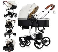 Reenborn Cuir PU Poussette 3 en 1, Poussette Bebe avec Réversible Deux Façons de Pousser, Pousette Cadre Aluminium Haute Paysage, Pousette 3 en 1 avec Conception Pliable Un Clic (518 White)