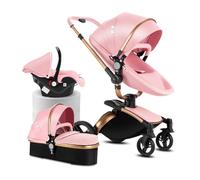 Reenborn Cuir PU Poussette 3 en 1, Poussette Bebe avec Siège Réglable Rotation à 360°, Pousette avec Cadre Aluminium Haute Paysage, Pousette 3 en 1 avec Conception Pliable en Un Clic (906 Pink)