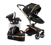 Reenborn Cuir PU Poussette 3 en 1, Poussette Bebe avec Siège Réglable Rotation à 360°, Pousette avec Cadre Aluminium Haute Paysage, Pousette 3 en 1 avec Conception Pliable en Un Clic (906 Black)