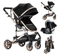 Reenborn Poussette 3 en 1, Poussette Bebe avec Réversible Deux Façons de Pousser, Pousette avec Cadre Aluminium Haute Paysage, Pousette 3 en 1 avec Conception Pliable en Un Clic (739 Black Gold)
