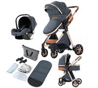 Reenborn Poussette 3 en 1, Poussette Bebe avec Réversible Deux Façons de Pousser, Pousette avec Cadre Aluminium Haute Paysage, Pousette 3 en 1 avec Conception Pliable en Un Clic (V9 Blue)