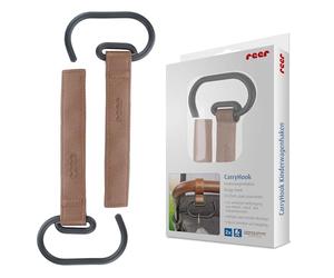 reer CarryHook Lot de 2 crochets universels pour poussette, sacs à langer et sacs à provisions, fixation, accessoires de poussette, marron/noir