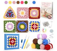 Reessy Kits de crochet pour débutants et adultes, apprenez à crocheter Granny Square, kit de démarrage facile avec 8 couleurs de fil doux, livre d'instructions (français non garanti), tapis de blocage