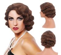 REEWES Perruque courte des années 1920 avec vagues de doigts - Perruque synthétique bou complète pour femme - Perruque vintage flapper pour cosplay et costume (marron cendré)