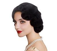 REEWES - Perruque courte noire des années 1920 - Perruque bouclée - Perruque courte vintage pour femme - Synthétique résistante à la chaleur - Cosplay - Costume fantaisie