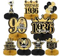 Refavor Lot de 9 décorations de table de 90e anniversaire pour homme et femme, noir et doré, centre de table vintage en nid d'abeille