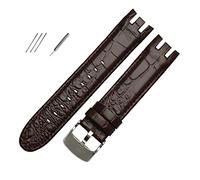 REFKIT Bracelet de montre en cuir véritable for Swatch for YRS403 for 412 for 402G Bracelet de montre 21mm Bracelet de montre hommes extrémité incurvée Bracelet de montres(Brown Round grain)