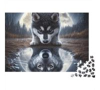 Reflet de Pleine Lune des Loups Puzzle 1000 Pièces - Art Moderne Puzzle, Défi Détente, Poster Inclus, Cadeau pour Passionnés, 38x26cm/1000pcs