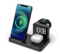 Reflexion Chargeur sans Fil 4 en 1 avec Horloge et réveil | Station de Charge sans Fil pour Smartphone, Apple Watch et Casque | Charge Rapide 15 W | Fonction Double réveil | Port USB-C | Compact et