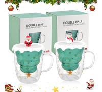 REFORUNG Lot de 2 Tasse Verre Double Paroi Ensemble Sapin de Noël Tasses Isolant Tasses à café d'arbre de Noël Tasse à lait en verre avec couvercle, Cadeaux de Noël