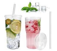 REFORUNG Lot de 2 verre avec couvercle et paille 550ML verres à thé Boba verres à boire Verre bouteilles en verre à rayures en cristal Canette avec Glass Straw pour Smoothie, Bière, Cocktail, Cafe